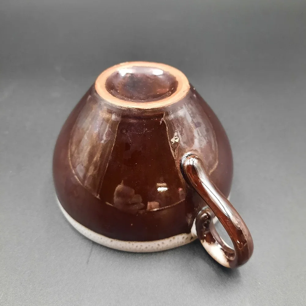 Vintage Brown Glazed Ceramic‎ Teacup with Cream Rim and Loop Handle